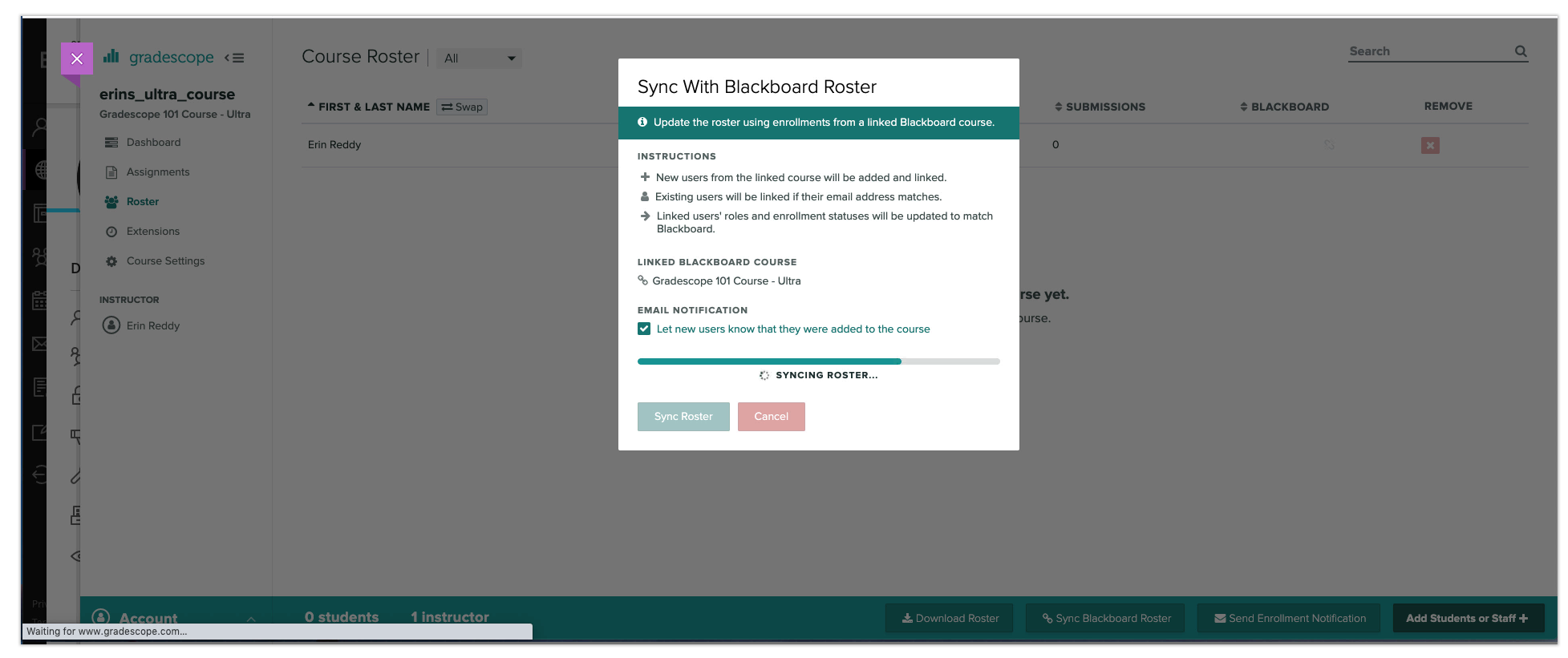 modal window of instructor syncing blackboard roster to gradescope