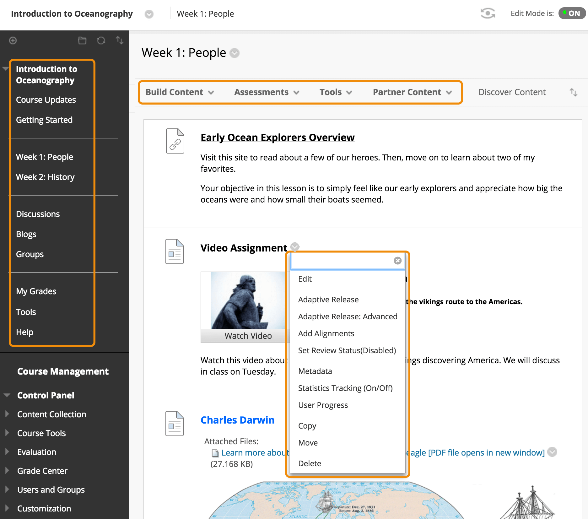 Blackboard Window showcases the Course View for Introduction to Oceanography. The interface highlights the course menu on the left, the function tools bar on top, and dropdown menu for Video Assignments in the center.