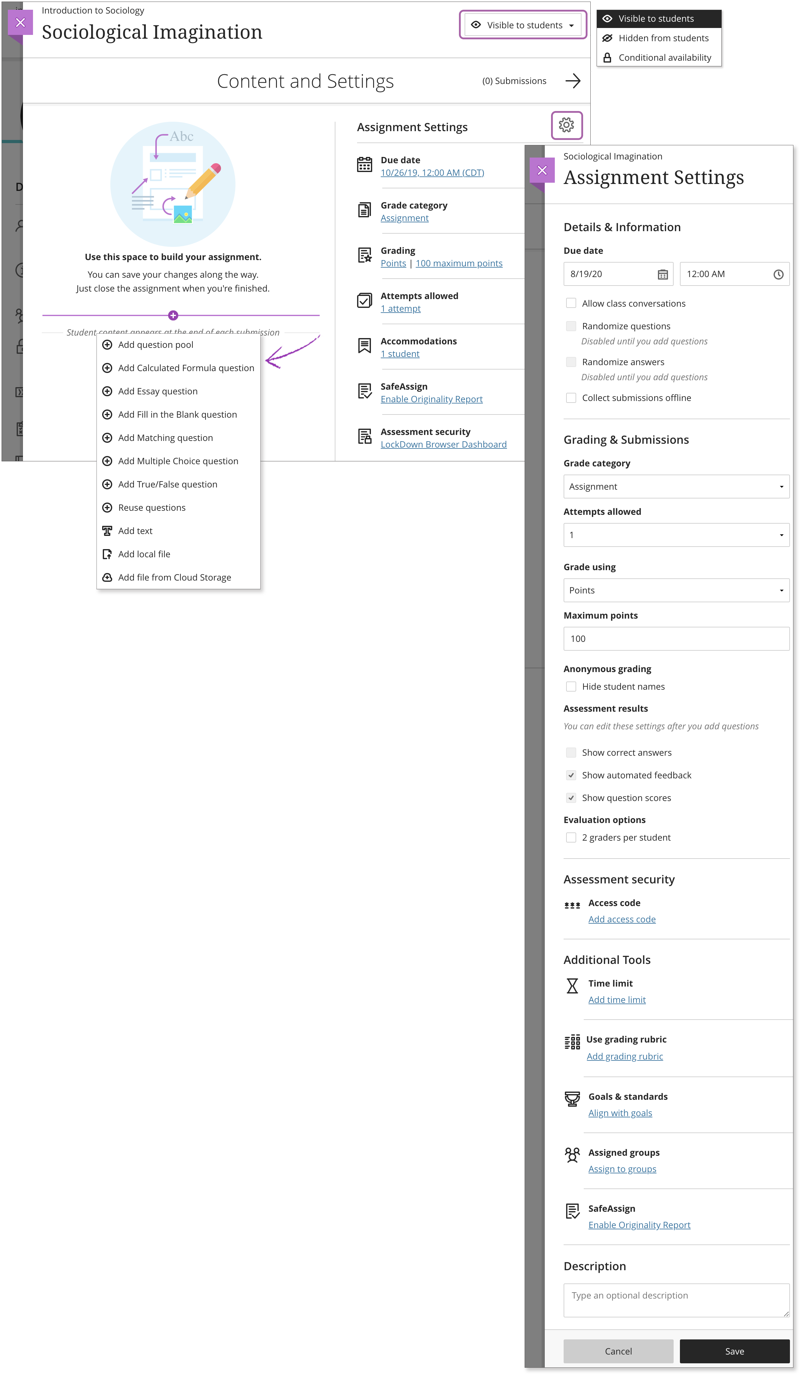 The New assignment page is open with 1) the "Release conditions" button highlighted and with the "Visible to students" option selected, 2) the plus sign clicked and the content creation dropdown list on screen, and 3) the Assignments settings on screen.