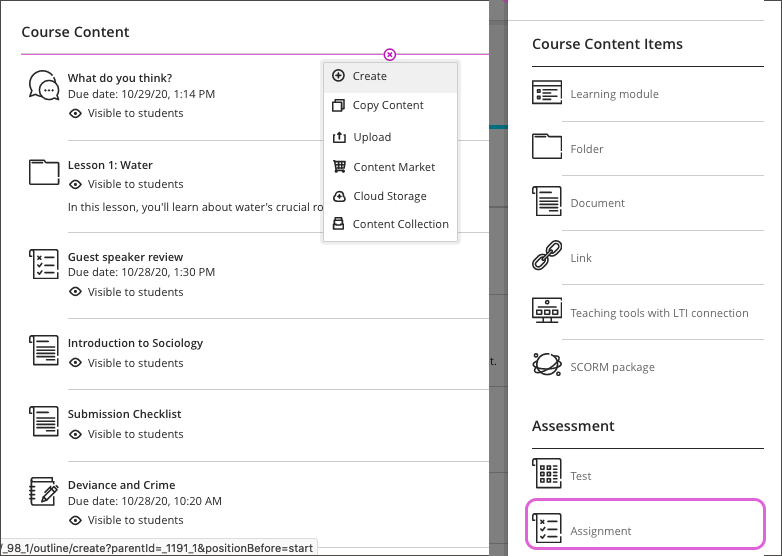The Course Content page is open with the plus sign selected, the "Create" button clicked and the "Assignment" button highlighted.