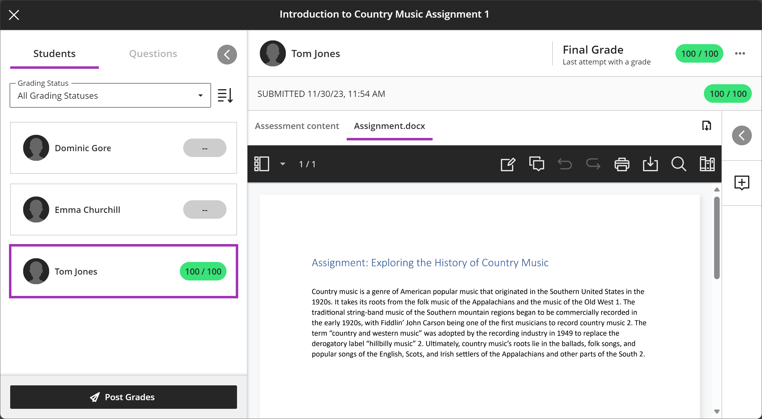 A student's submission in Flexible grading