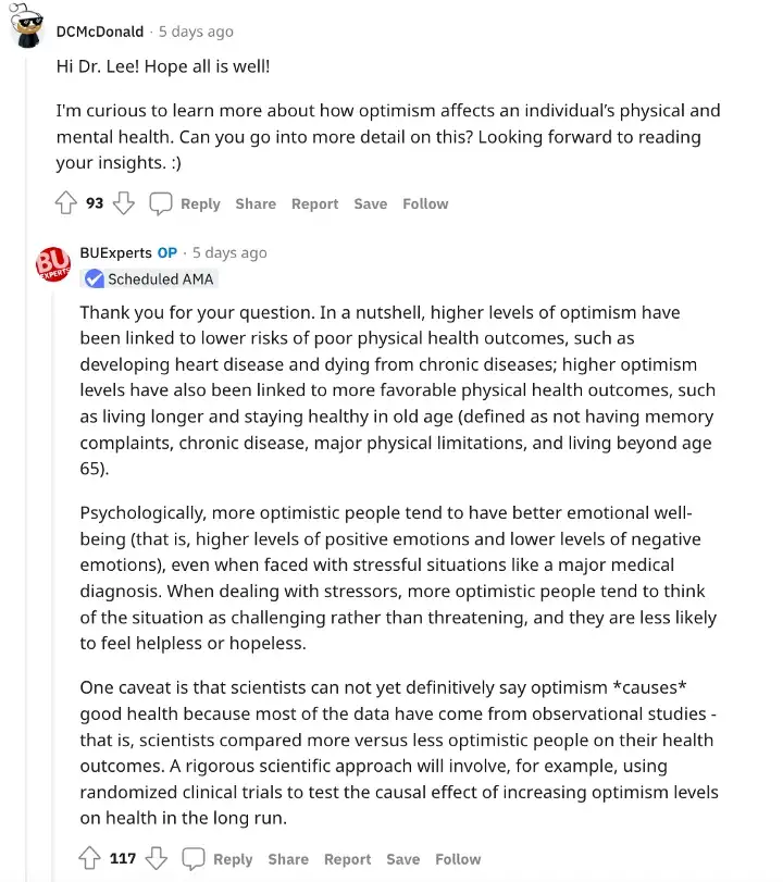 Screenshot of Reddit AMA with user DCMcDonald asking to learn more about how optimism affects an individual's physical and mental health. Lewina Lee (using the BUExperts login) answering the question.
