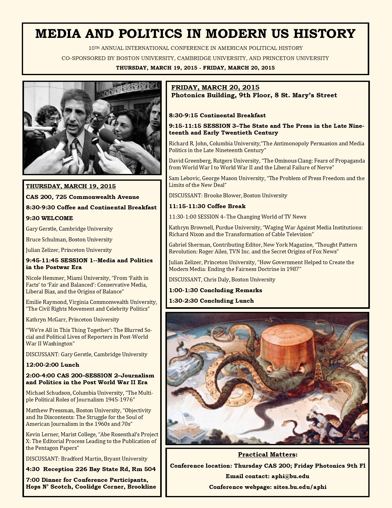 Promotional Flyer for the 10th Annual International Conference in American Political History with event schedule, contact information, and decorative images.
