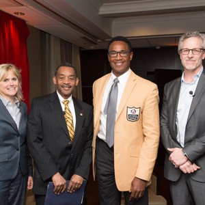 Neurologist Ann MCKee, Assistant Secretary of Defense for Health Affairs Jonathan Woodson, NFL Hall of Famer Mike Haynes. Bob Tedeschi (far right), senior writer for STAT, the online health and life-sciences publication.