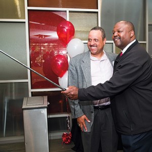 Albert James (ENG’85, Questrom’95) (left) and Terry Anthony (ENG’86) snap a selfie