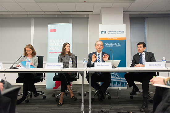 Elizabeth Grossman, Lauren Lockwood, Azer Bestravos, and Daniel Castro discuss smart cities at a panel discussion in Washington