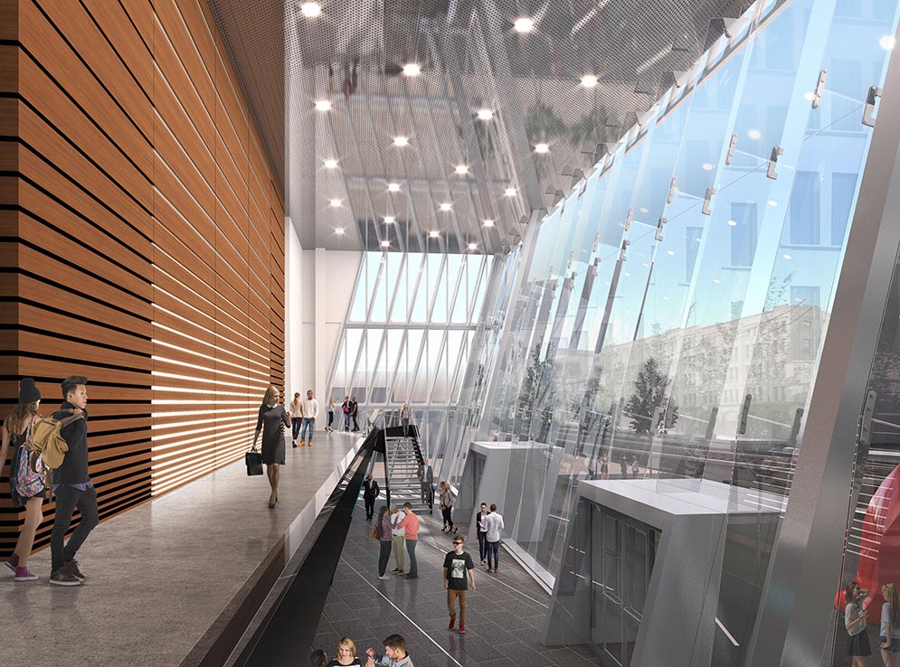 The lobby of Boston University's Joan and Edgar Booth Theatre Complex