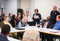 Gloria Waters, Vice President and Associate Provost for Research at Boston University, speaks during a meeting of the Boston Biosafety Committee to consider a request by Boston University National Emerging Infectious Diseases Laboratories (NEIDL) for permission to conduct Biosafety Level 4 research at the facility