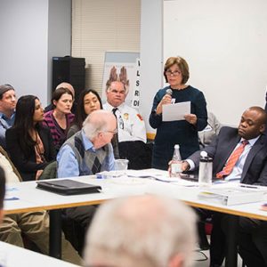 Gloria Waters, Vice President and Associate Provost for Research at Boston University, speaks during a meeting of the Boston Biosafety Committee to consider a request by Boston University National Emerging Infectious Diseases Laboratories (NEIDL) for permission to conduct Biosafety Level 4 research at the facility