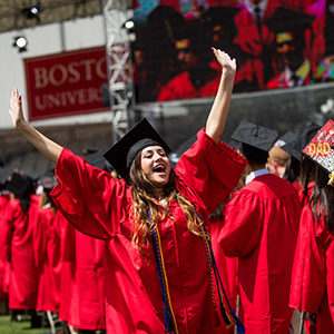Class of 2017 graduating senior Anai Sanchez celebrates during the 2017 BU Commencement ceremony