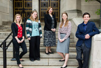Svea Schreiner, Kasey Schultz, Adrienne Lotoski, Magdalena Buczek, and Ian Quillen on steps of Marsh Chapel