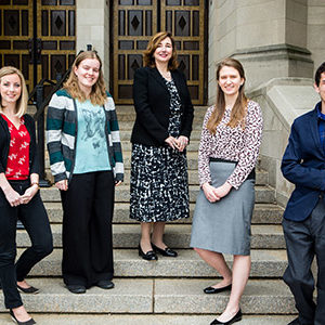 Svea Schreiner, Kasey Schultz, Adrienne Lotoski, Magdalena Buczek, and Ian Quillen on steps of Marsh Chapel