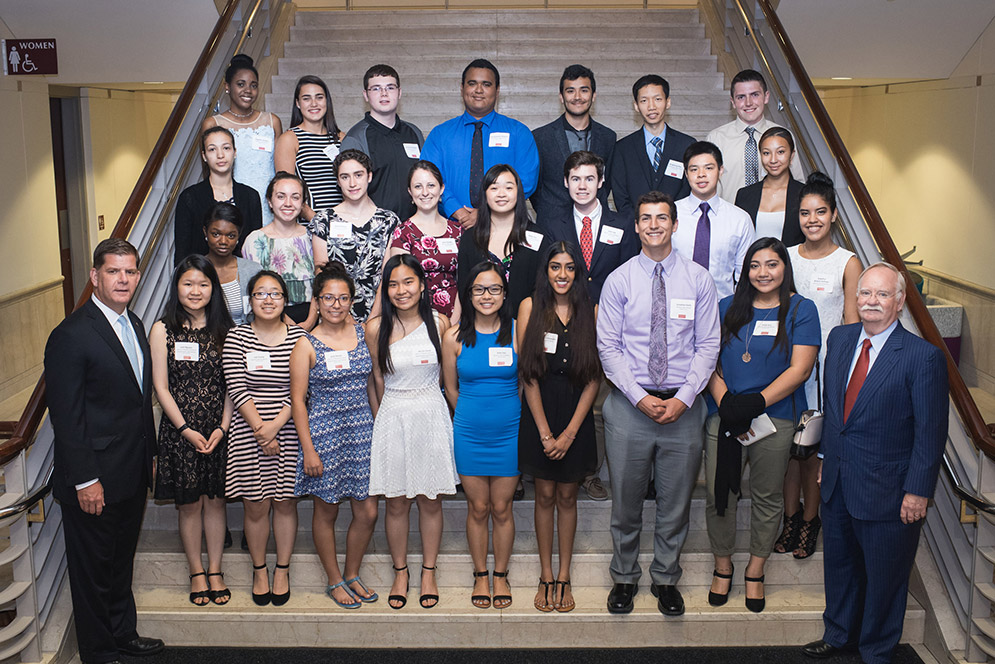 Boston Mayor Martin J. Walsh and Boston University President Robert A. Brown pose for a photo with recipients of the 2017 Thomas M. Menino Scholarship and Community Service Award 