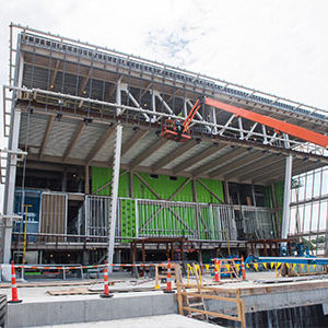 Construction of the College of Fine Arts Joan and Edgar Booth Theatre & Boston University Production Center on Commonwealth Ave. in Boston