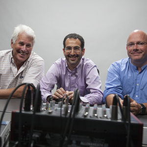 The SPH professors hosting the Free Associations podcast: are Donald Thea (from left), Matthew Fox, and Chris Gill. Photos by Nick Gooler, School of Public Health