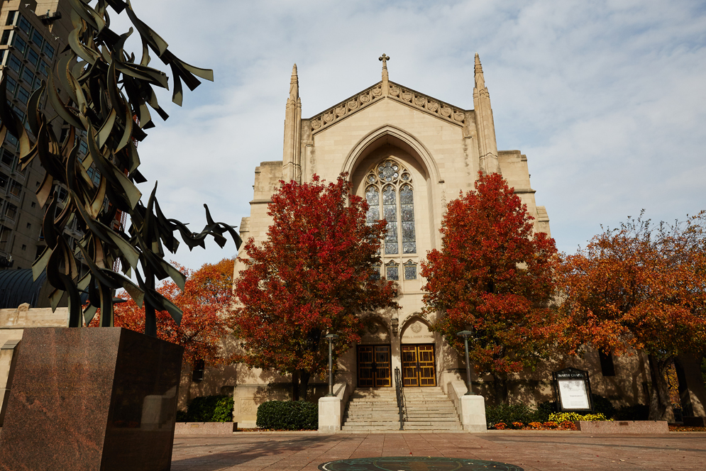 An Autumn view of Marsh Plaza and Marsh Chapel at Boston University
