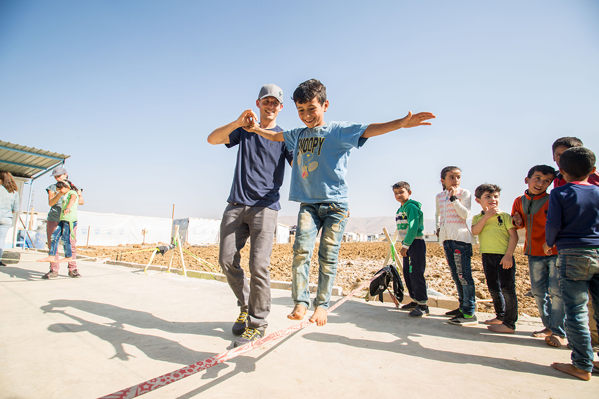 Teachers from Crossing Lines teach slacklining to Syrian refugees in Lebanon
