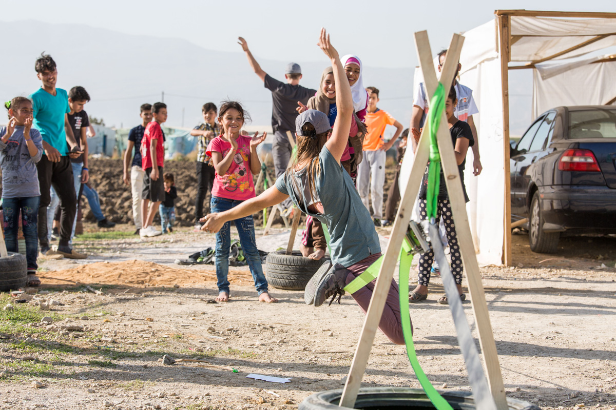 Slacklining with Syrian refugees in the Bekaa Valley in Beirut, Lebanon