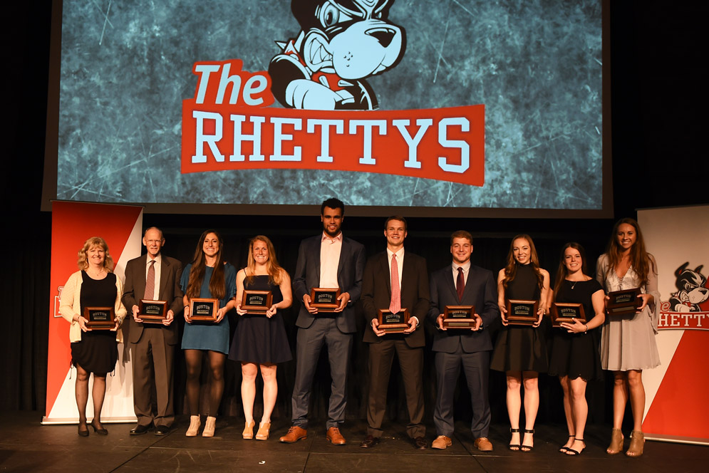 This year’s Rhetty Award-winners include Lesley Sheehan (SED’84) (from left), women’s tennis coach, Todd Klipp, BU senior vice president, Brittany Younan (CAS’17, Questrom’17, MET’18), Ally Hammel (CGS’17, Sargent’19), Jordan Greenway (CGS’17, CAS’19), Jack Wilson (Questrom’18), Conor Okmin (Questrom’18), Lizzie Tillo (Questrom’18), Victoria Bach (CGS’16, COM’18), and Grace Anderson (CAS’18). Rachel Bloznalis (Sargent’17, SPH’19) was not able to attend. Photo by Steve Babineau