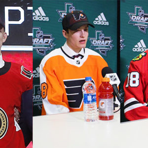 At last weekend’s NHL draft, Brady Tkachuk (CGS’19) (from left) went 4th overall to the Ottawa Senators; incoming freshman Joel Farabee (CGS’20) was chosen 14th by the Philadelphia Flyers; and incoming freshman Jake Wise (CGS’20) was picked up by the Chicago Blackhawks, 69th overall. Photo of Tkcachuk by Michael Ainsworth/AP Photo. Photos of Farabee and Wise courtesy of BU Athletics