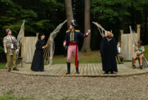 Left to right: Luke Haskell (Costard), Dara Silverman (Sir Nathaniel), Thomas Reynolds (Don Armado), Lori Evans (Holofernes), Fiona Herter (Forester), and Emily Eldridge-Ingram (Dull). Photos courtesy of Shakespeare & Company