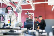 Jeff Costello (ENG’17) (from left), Jason Yung (ENG’17), and Dong Hoon Kim (ENG’19) at the Engineering Product Innovation Center (EPIC). Photo by Jackie Ricciardi