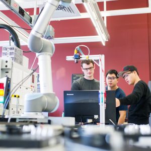 Jeff Costello (ENG’17) (from left), Jason Yung (ENG’17), and Dong Hoon Kim (ENG’19) at the Engineering Product Innovation Center (EPIC). Photo by Jackie Ricciardi