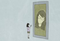 Lost and Found: Ao Shen, China. Still from the animation of a girl looking at herself in a looking glass