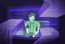 Data sciences and the arts thumb, illustrated depiction of a young man sitting in front of a television set with data being recorded