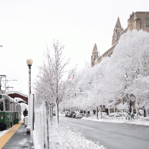 The MBTA Green Line in winter, at Bay State Rd, Kilachand Center, and Marsh Plaza