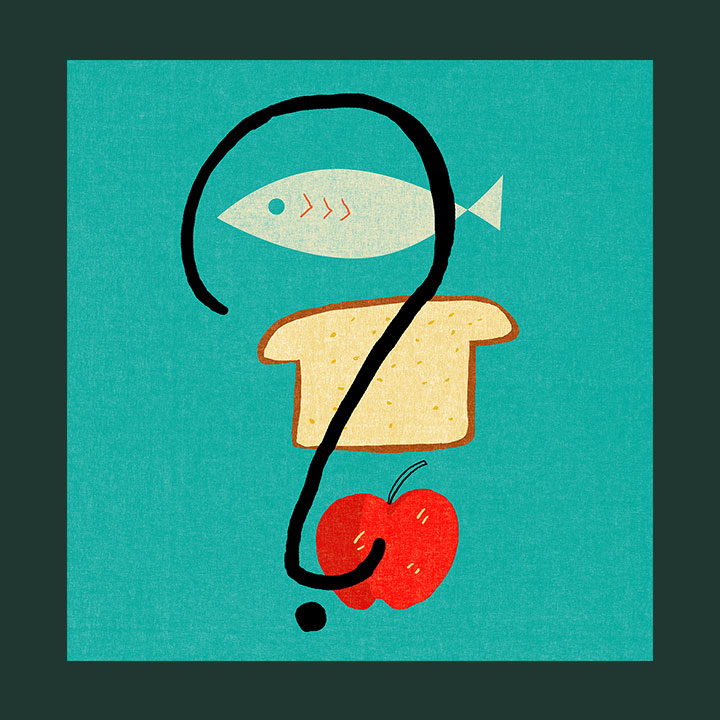 illustration of a question mark drawn over a whole fish, a slice of bread, and an apple.