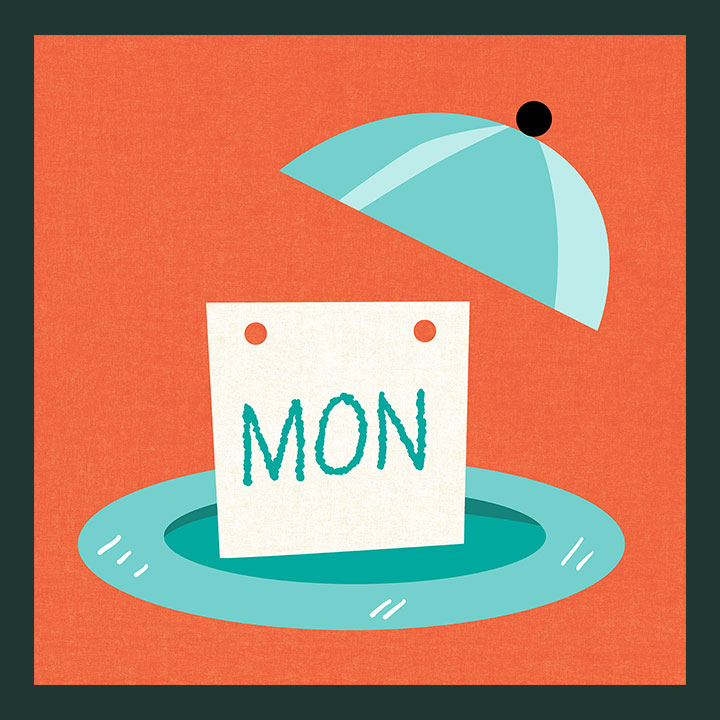 illustration of a serving platter with dome plate cover lifted off to reveal a calendar page with the abbreviation for Monday written on it.