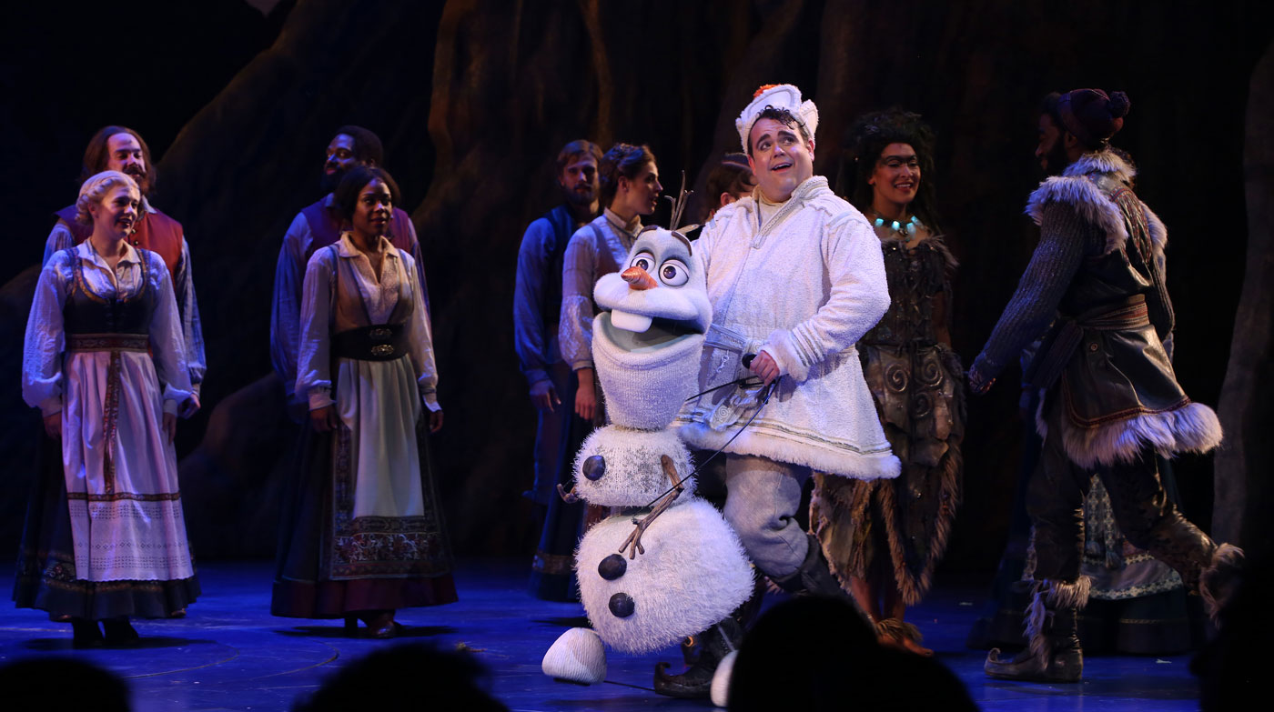 Greg Hildreth performs on stage as the character Olaf in Frozen, the Broadway Musical as part of the Frozen broadway cast.