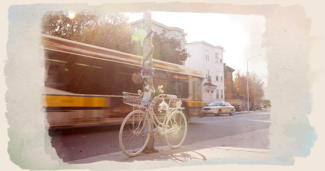 A ghost bike marks the spot where Marcia Deihl was killed on March 11, 2015.