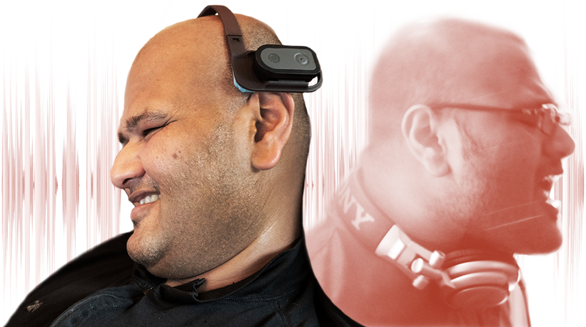 Composite image of Rahul Desikan as a current day researcher wearing his head mouse, and as younger man wearing headphones while DJing in a club.