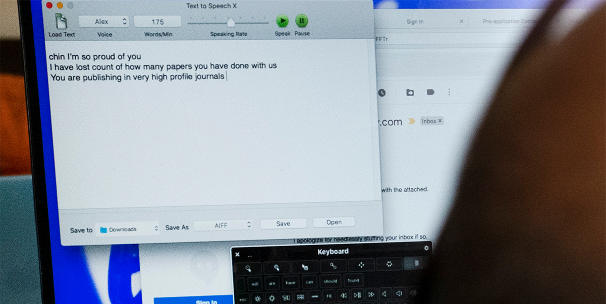 The open application window of Rahul Desikan's text-to-speech software showing words that Rahul is typing.