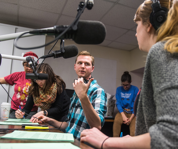 Students working in radio studio