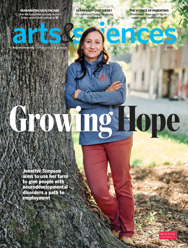 Cover of Arts & 科学 magazine in Fall 2021. Image features a woman leaning against a tree with the text 'Growing Hope'