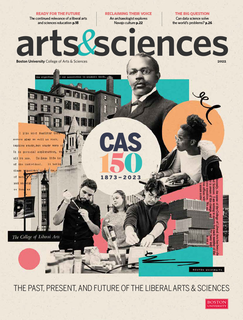 Cover of Arts & 科学 magazine from Fall 2022. Image features a collage of images from CAS throughout the years with the title 'CAS 150 1873-2023'