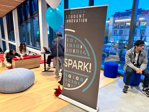 Photo of BU Spark! banner outside of the Spark! Space