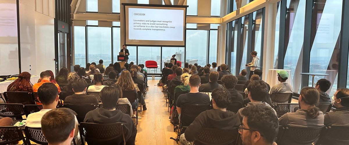 Photo of large audience group sitting on the BU Center for Computing & 数据科学 17th floor