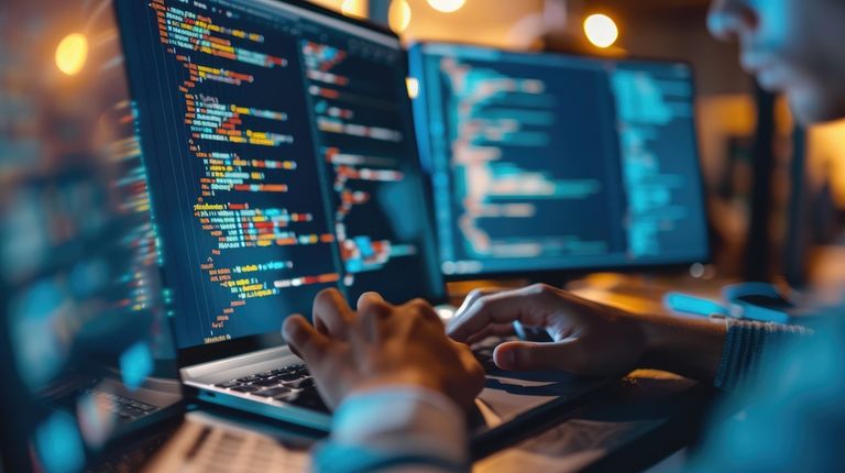 an image of someone working at dual monitor setup, working on scikit code