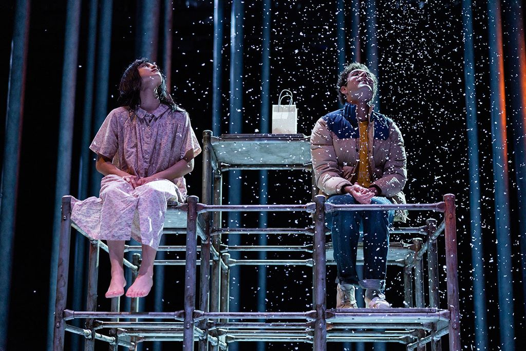 Leah Hohauser as Eli and Mishka Yarovoy as Oskar in Actors' Shakespeare Project's "Let the Right One In."