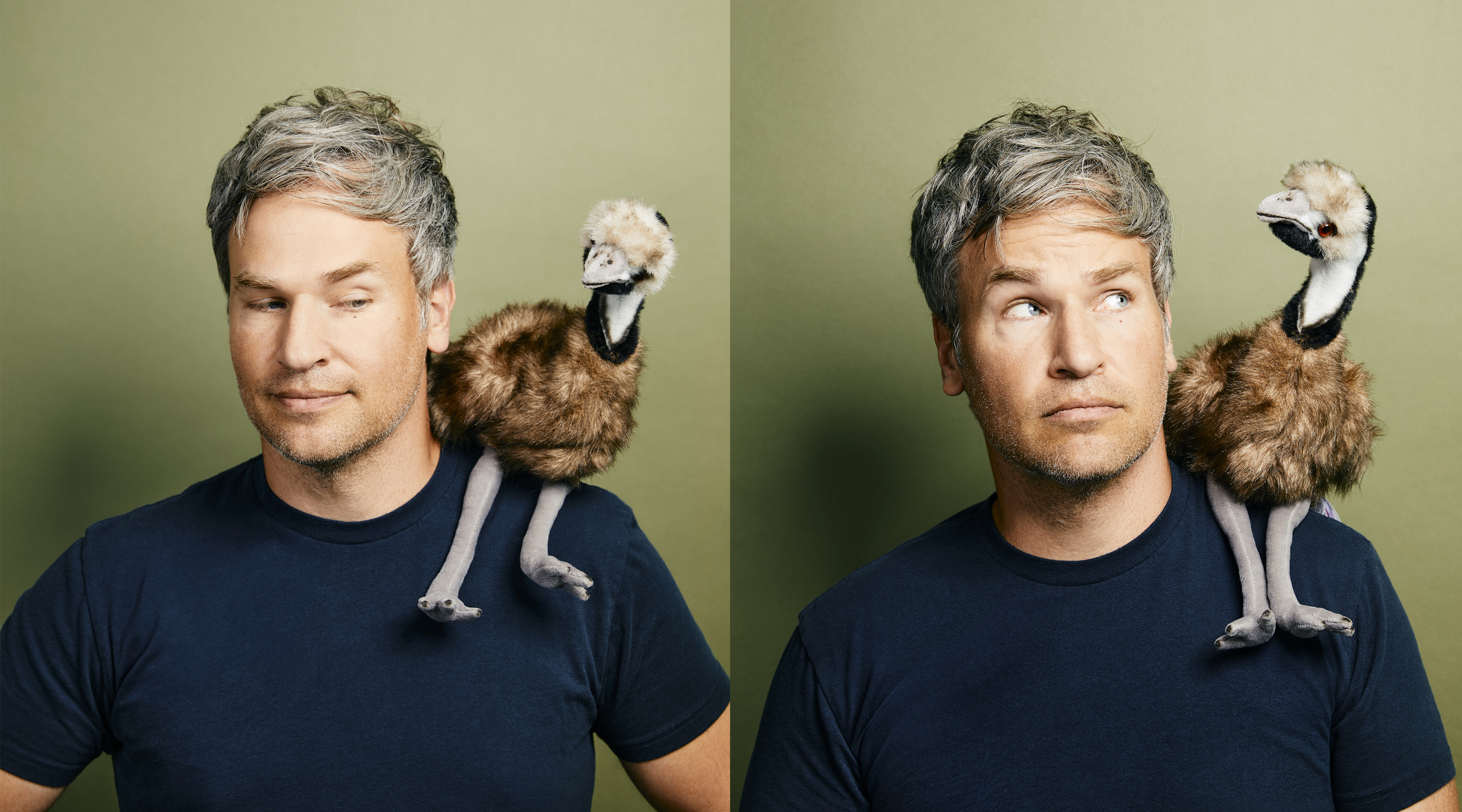Actor David Hoffman with a stuffed emu