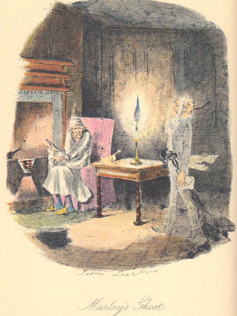 An illustration from the first edition of Dickens’ A Christmas Carol, by John Leech, showing the ghost of Jacob Marley appearing to Ebenezer Scrooge
