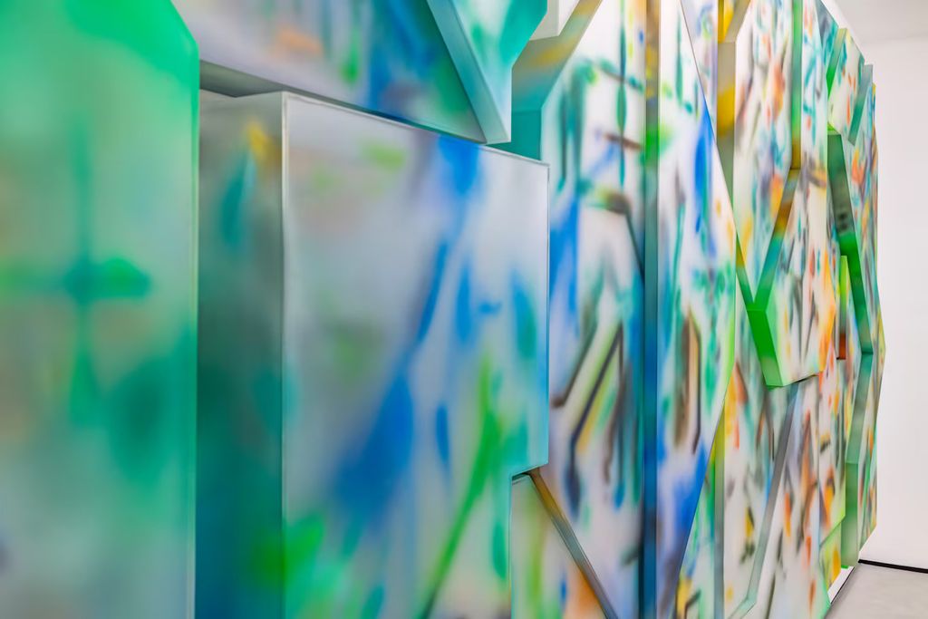 "Desborde," 2024 by Juan José Barboza-Gubo. Acrylic paint, polyurethane, digital print, optical material, and frosted acrylic. 40 pieces, variable dimensions. Juan Barboza-Gubo