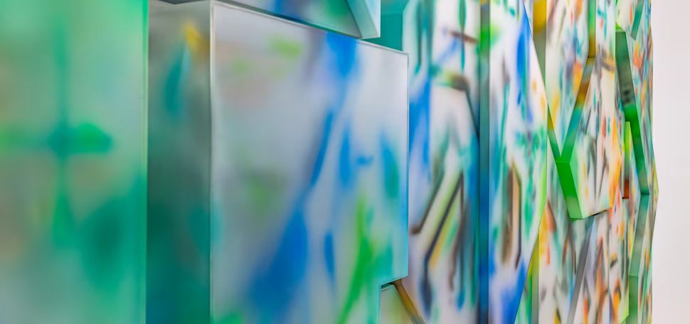 "Desborde," 2024 by Juan José Barboza-Gubo. Acrylic paint, polyurethane, digital print, optical material, and frosted acrylic. 40 pieces, variable dimensions. Juan Barboza-Gubo