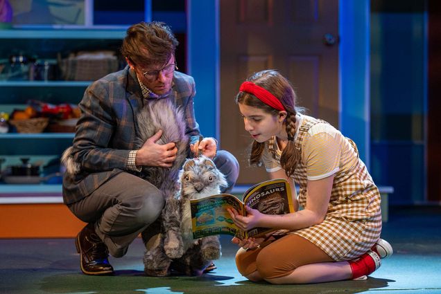 Ulysses, played by Chris Stahl (left), is a squirrel rescued by Flora (Livie Ketri) in a scene from Wheelock Family Theatre’s production of Flora & Ulysses, based on Kate DiCamillo’s best-selling children’s book.