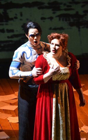 Nickoli Strommer (CFA’14) and Kasey King (CFA’14) are passengers on a jungle steamboat in the opera Florencia en el Amazonas at the BU Theatre