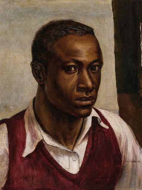 A portrait by John Wilson (American, 1922-2015) titled Self Portrait and done in 1943. The portrait is a painting of a man with a serious, contemplative expression. He is depicted with short, neatly groomed hair and wears a white collared shirt under a maroon vest. The shadows and detailed brushwork accentuate his strong facial features, conveying a sense of introspection and depth. The background is muted with earthy tones, highlighting the subject's face and upper body, creating a striking contrast that emphasizes his thoughtful gaze. The painting is signed and dated in the lower right corner.